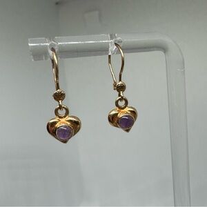Elegant 14k Yellow Gold & Amethyst Beautiful Dangle Drop Heart Earrings 585